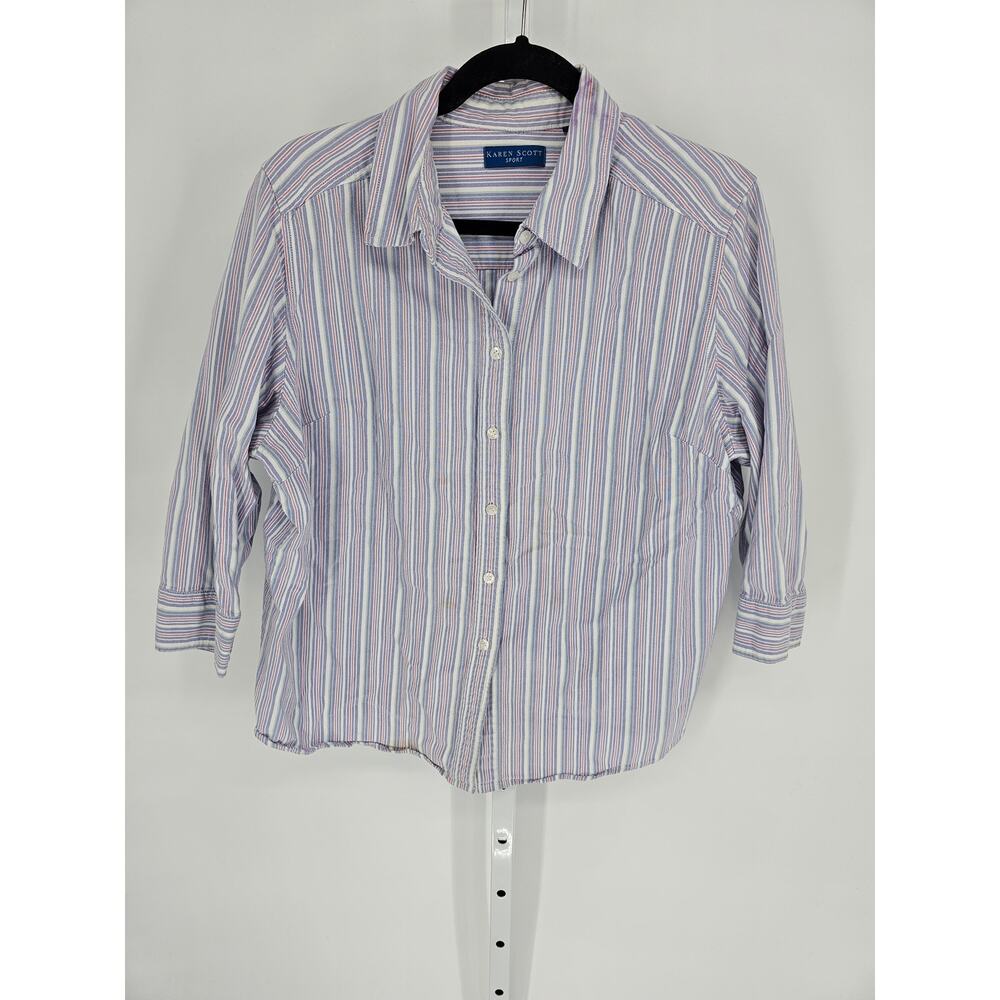 Karen Scott Womens Stripped 3/4 Sleeve Collared Button Down Cotton Shirt Size XL - Picture 1 of 5
